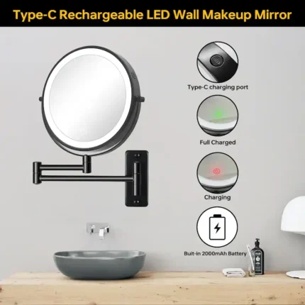 8 inch Double-Sided Wall Mounted 10X LED Magnifying Bathroom Mirror