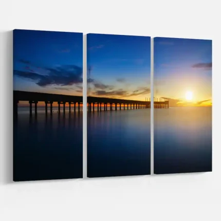 Designart "Abandoned Piers in the Sea" Seascape Canvas Art Print - 36x28 - 3 Panels