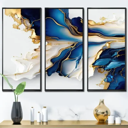 Designart "Abstract Geode Gold And Blue Marble Shape III" Modern Geometric Framed Canvas Art Print - 3 Panels