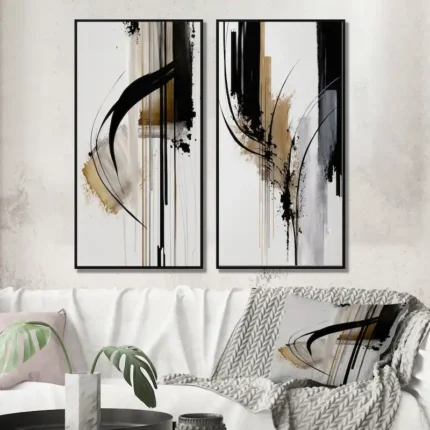Designart "Black, White And Gold Expression I" Abstract Framed Canvas Set Of 2 For Living Room Decor