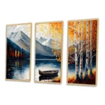 Designart "Canoe On A Lake In Fall II" Lake House Cottage Framed Canvas Art Print - 3 Panels