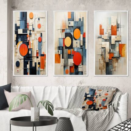 Designart "Constructivism Constructed Horizons VII" Abstract Framed Wall Art Set Of 3 Frame Gallery Set For Office Decor