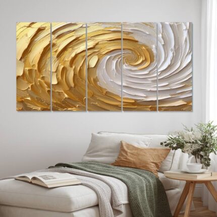 Designart "Gold and Cream Enchanted Whirls I" Abstract Spirals Multipanel Wall Art Living Room set