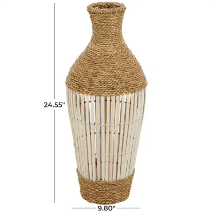 Brown Seagrass Handmade Wrapped Tall Floor Vase with Open Framed Cream Bamboo Center