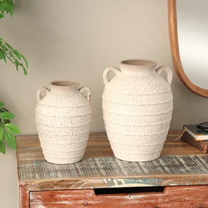 Cream Ceramic Textured Vase with Handles and Terracotta Accents (Set of 2)