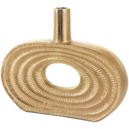 Gold Aluminum Metal Circular Geometric Vase with Linear Etchings