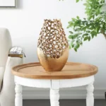 Gold Aluminum Metal Rounded Vase with Freeform Open Lattice Work - Gold - 9"W, 15"H