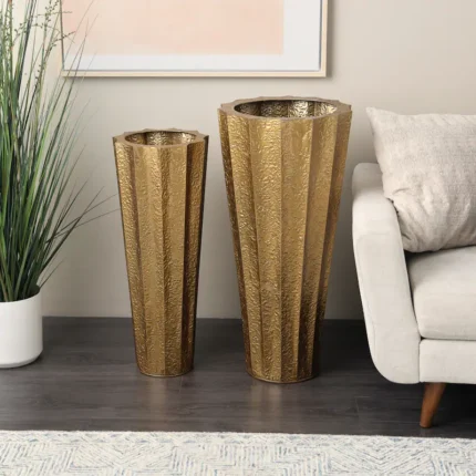 Gold Metal Tall Textured Hammered Floor Vase (Set of 2)