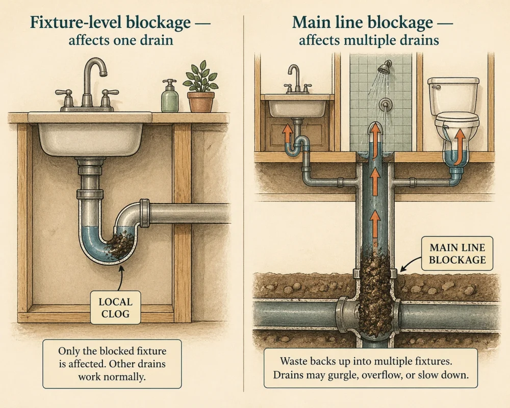 a-single-slow-drain-usually-points-to-a-fixture-level-clog-two-or-three-backing-up-at-once-almost-always-means-the-blockage-is-in-the-main-sewer-line-and-snaking-individual-drains-wont-reach-it