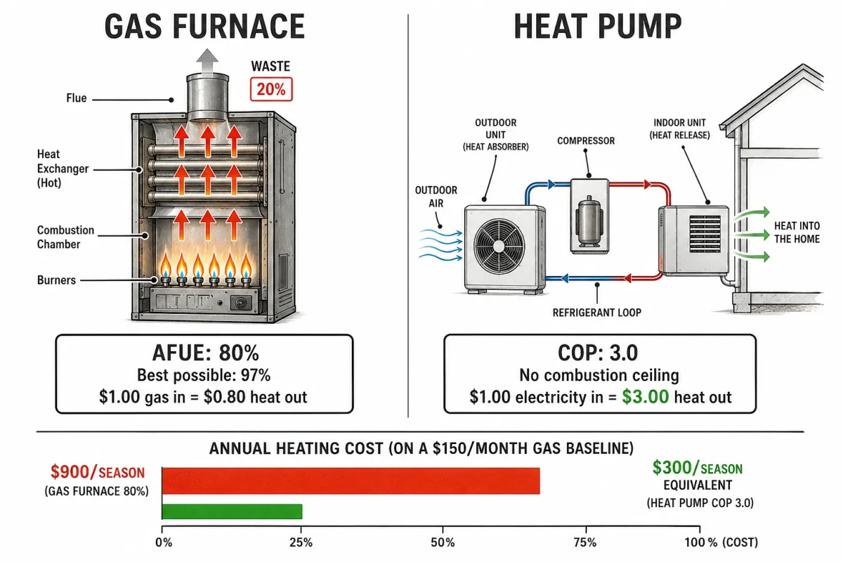 Clean scientific split diagram comparing gas furnace
