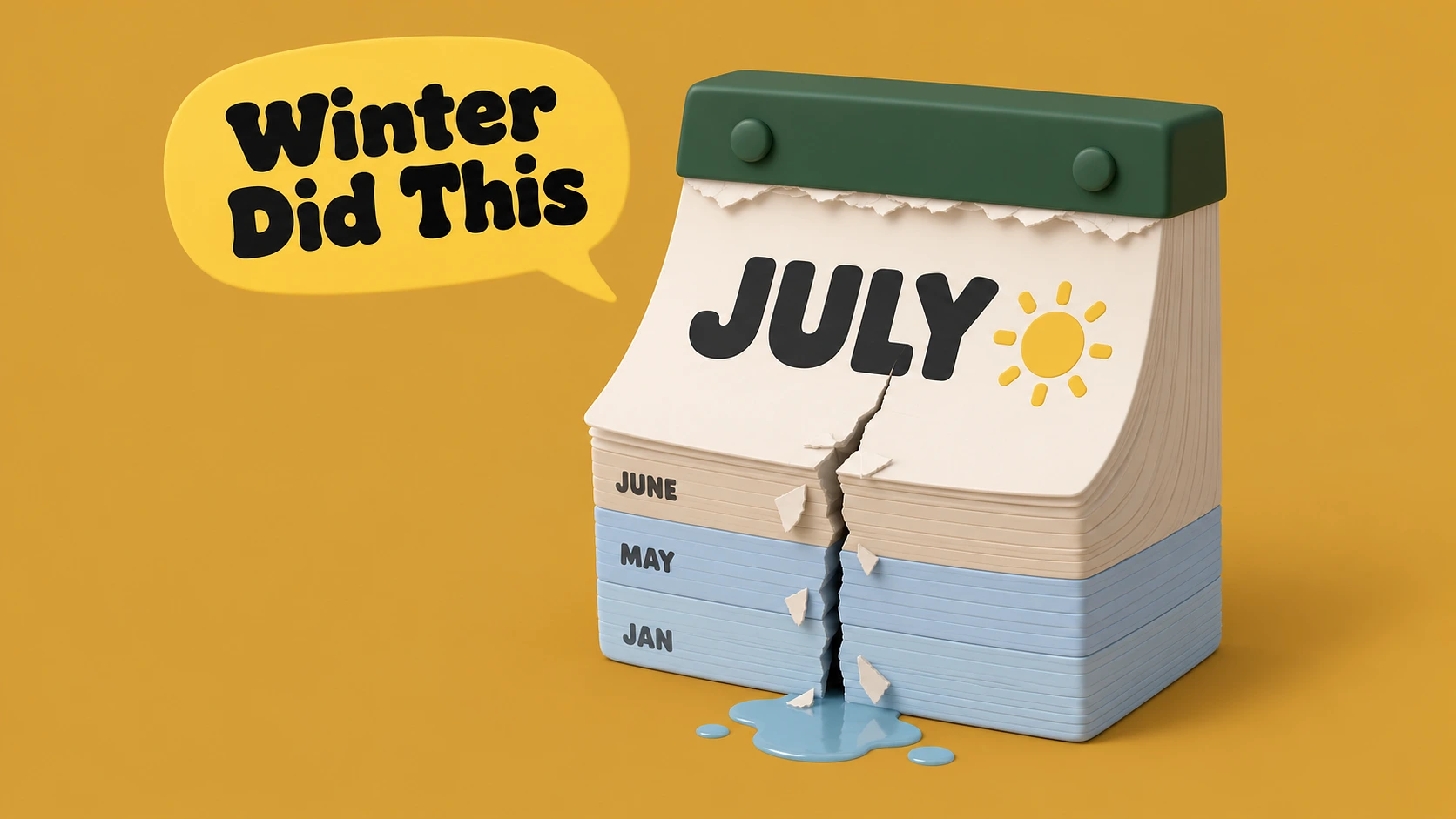 Desk calendar open to July with a crack running up through the January, May and June pages