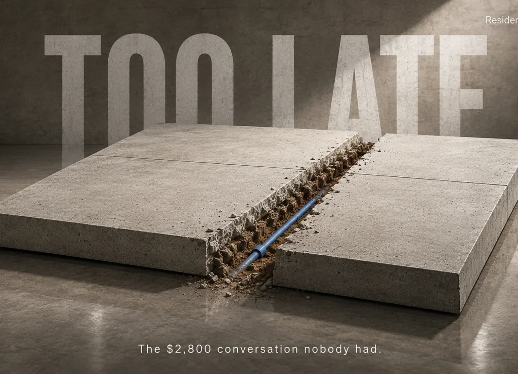 Giant concrete patio slab in a grey studio with a saw cut exposing an irrigation pipe beneath, TOO LATE wordmark behind