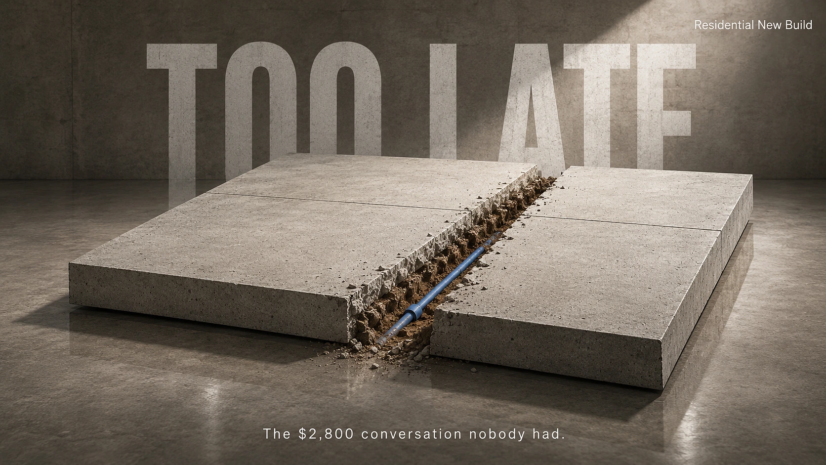 Giant concrete patio slab in a grey studio with a saw cut exposing an irrigation pipe beneath, TOO LATE wordmark behind
