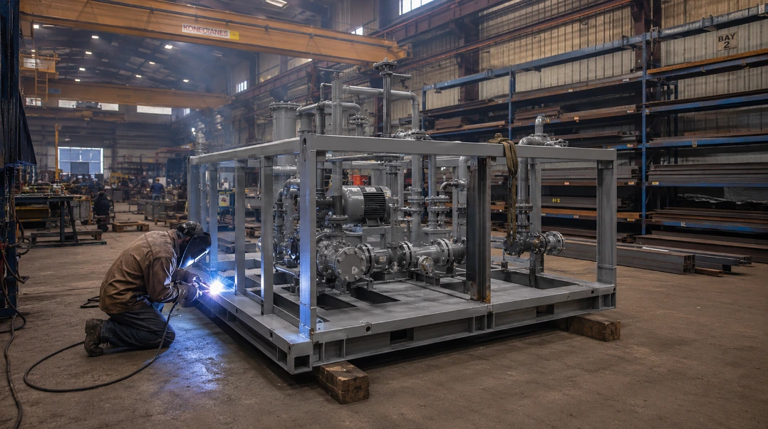 A process skid takes shape in the shop, welding done where it is cheap and safe, so the site only has to bolt it down.