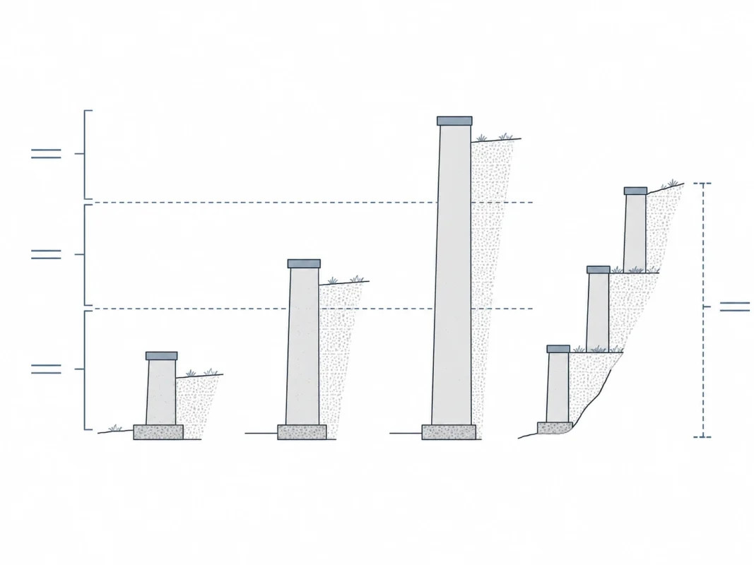 Diagram comparing three retaining wall heights against permit thresholds, with tiered walls measured as one combined height