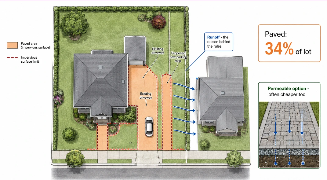 Bird's-eye lot diagram showing paved coverage percentage and rainwater running toward a neighbour's foundation