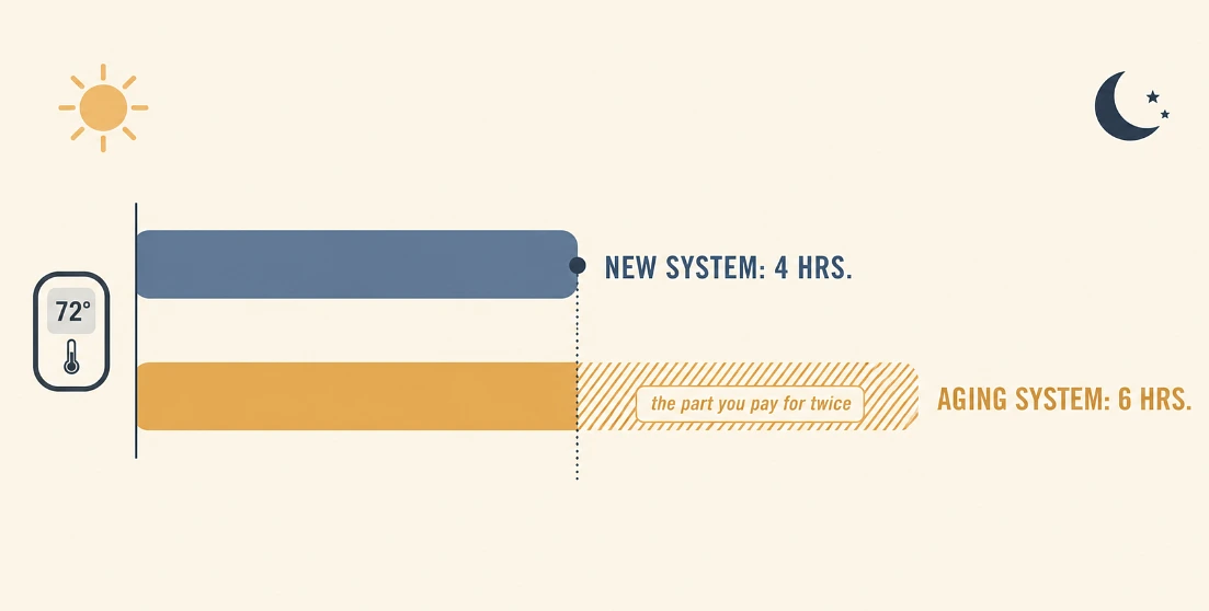 Both systems hit the same thermostat number. One of them bills you for two extra hours of electricity to get there.