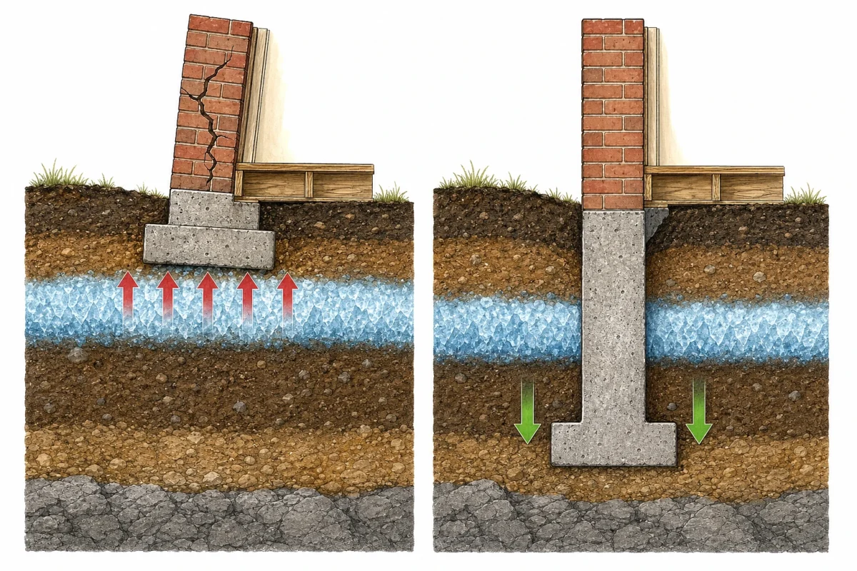Cross-section comparing a shallow wall footing heaved by frost against a footing set below the frost line