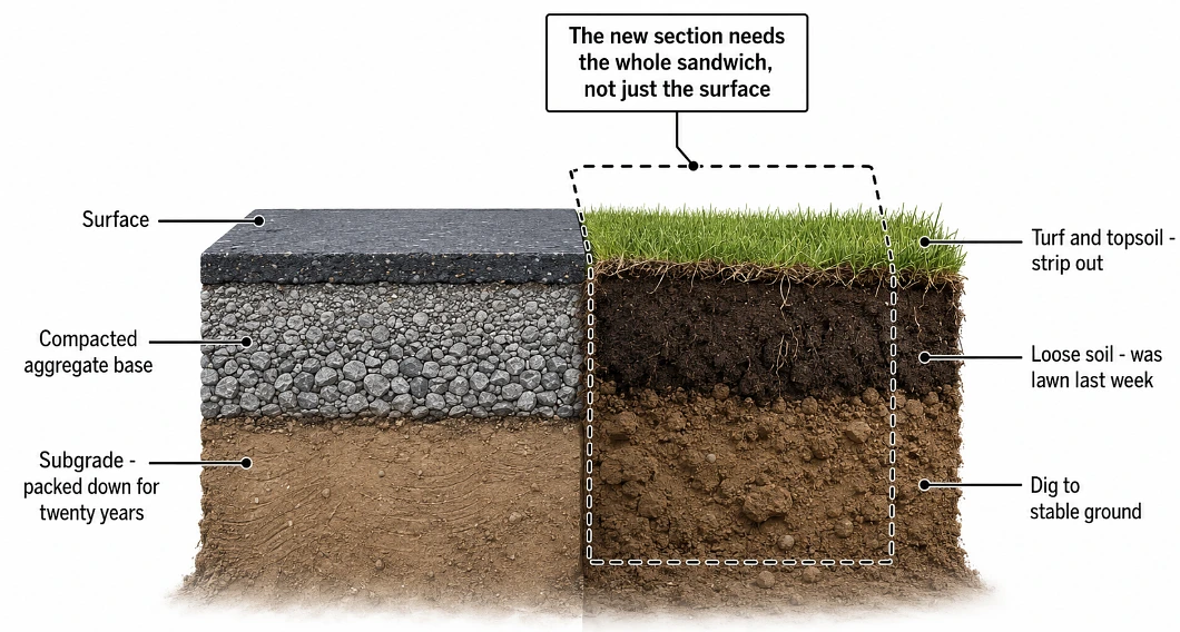 Cross-section comparing the layered base under an existing driveway with the loose lawn soil beside it