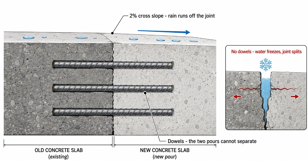 Cross-section of a doweled seam between old and new concrete beside an inset showing an undoweled joint cracking