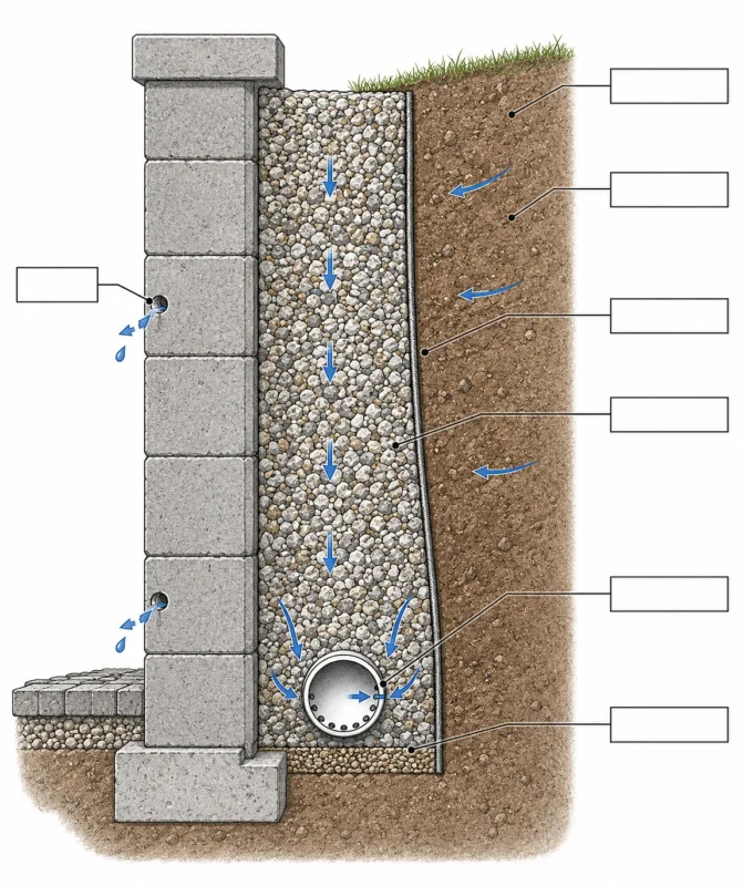 Cutaway of a retaining wall drainage system showing gravel layer, perforated pipe, filter fabric, and weep holes