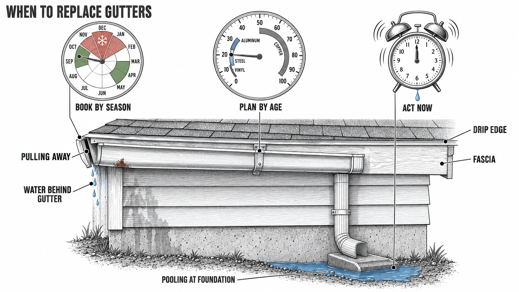 Diagram of a gutter cross-section under three clocks for season, system age and urgent water damage