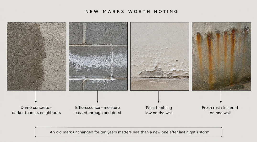 Field guide panel of four basement wall textures: damp concrete, efflorescence, bubbling paint and fresh rust