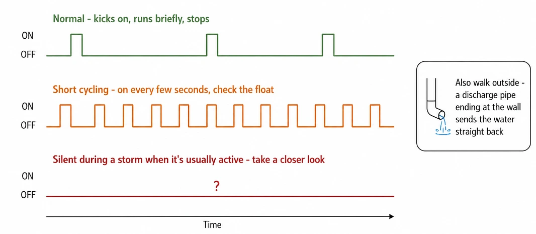Figure showing three sump pump sound patterns: normal cycling, rapid short cycling and silence during a storm