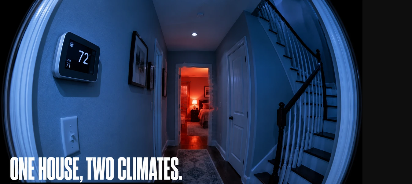 Fisheye hallway view of a cool blue house with one bedroom glowing hot orange beyond a thermostat reading 72