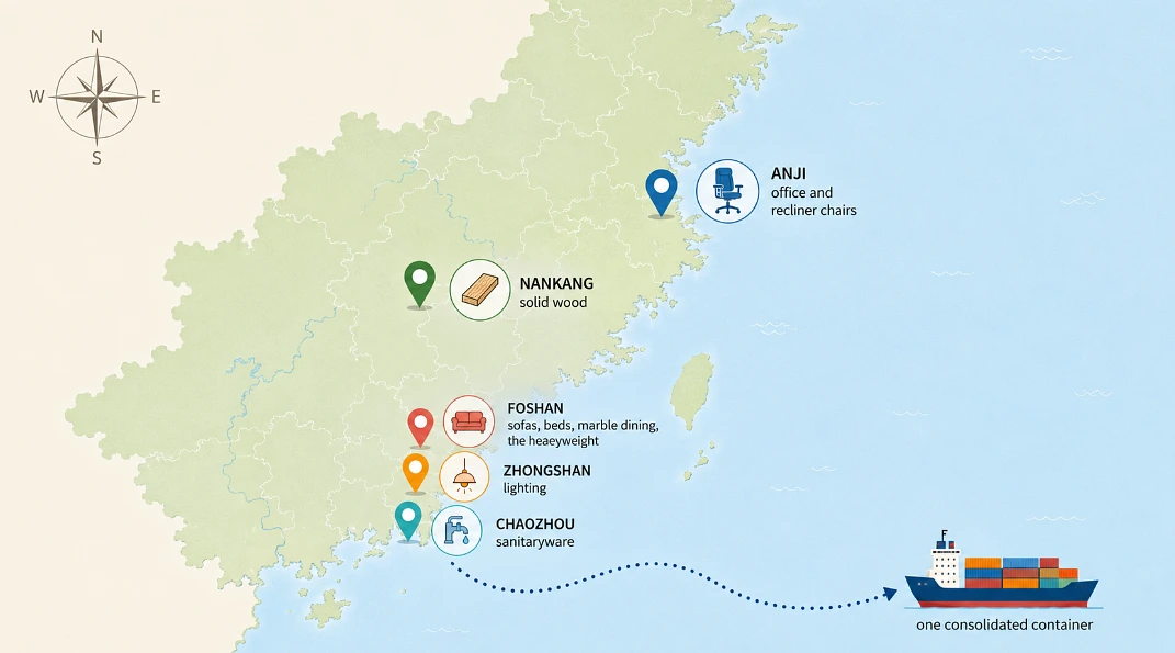 Five cities, five specialties. A whole-home order almost always means several factories, and folding them into one container is where the project is won or lost