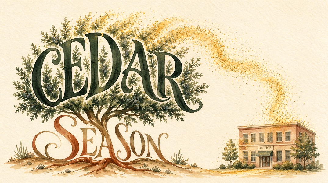 Hand-lettered illustration of the words Cedar Season shaped into a juniper tree releasing pollen toward an office building