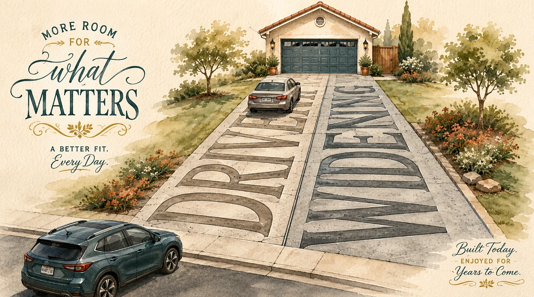 Hand-lettered illustration of the words Driveway Widening shaped into a driveway with a new strip beside it