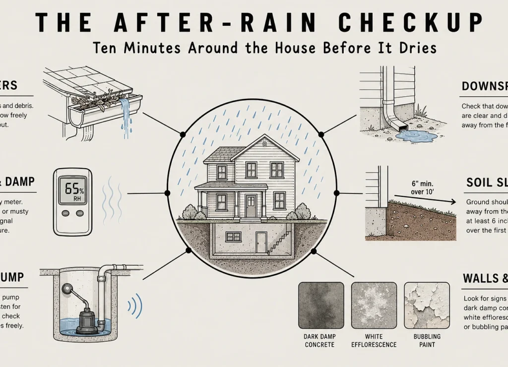 Hub-and-spoke diagram of the six after-rain basement checks from gutters and downspouts to sump pump and damp