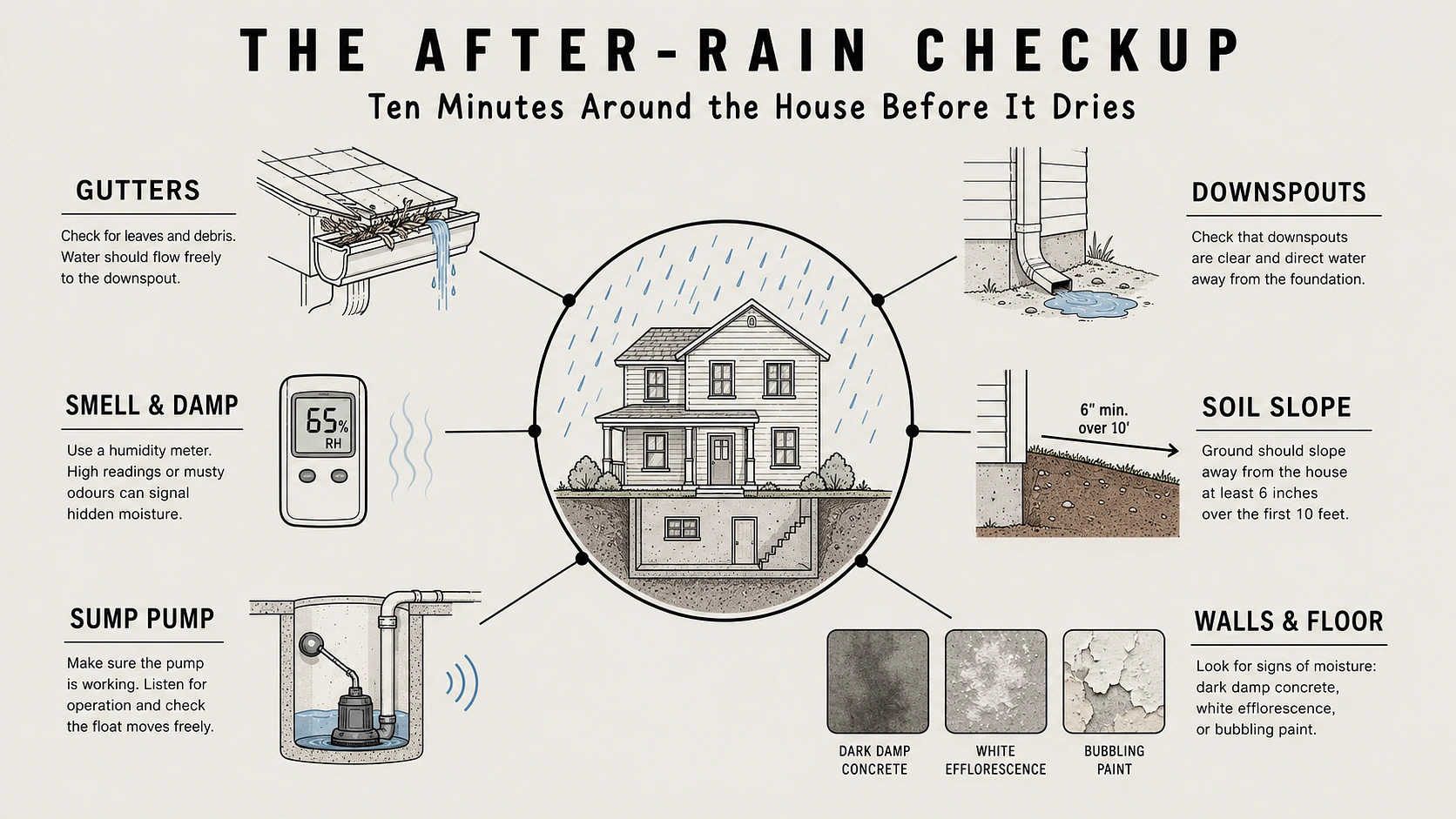 Hub-and-spoke diagram of the six after-rain basement checks from gutters and downspouts to sump pump and damp