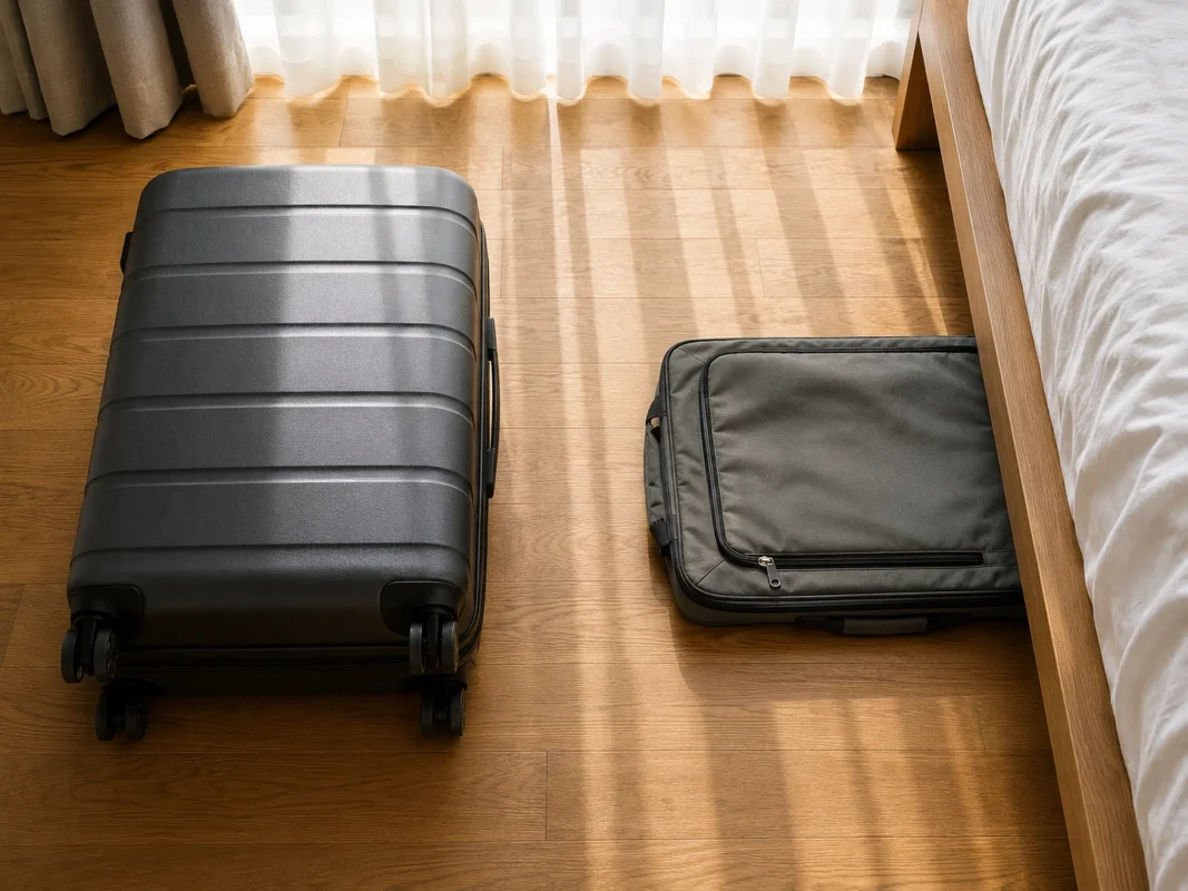 Overhead view comparing an upright rigid suitcase with a foldable suitcase collapsed flat under a bed