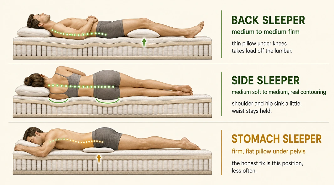 Same spine, three different loads. The firmness that protects one position quietly bends another - find your row before reading any spec sheet