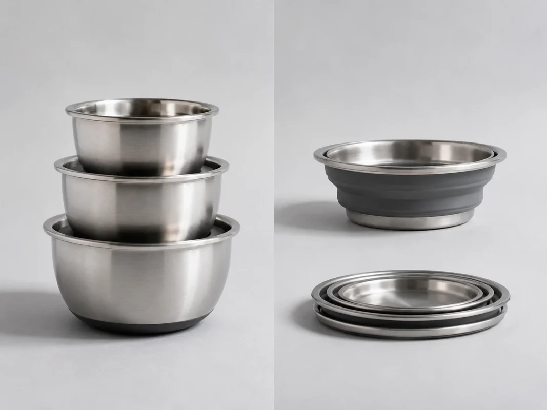 Side by side comparison of stacked rigid mixing bowls versus the same set collapsed flat in silicone form