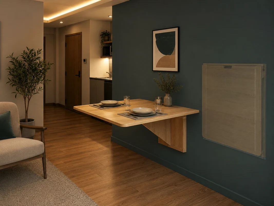 Studio interior showing a wall-mounted drop-leaf table both deployed for dinner and folded flat against the wall