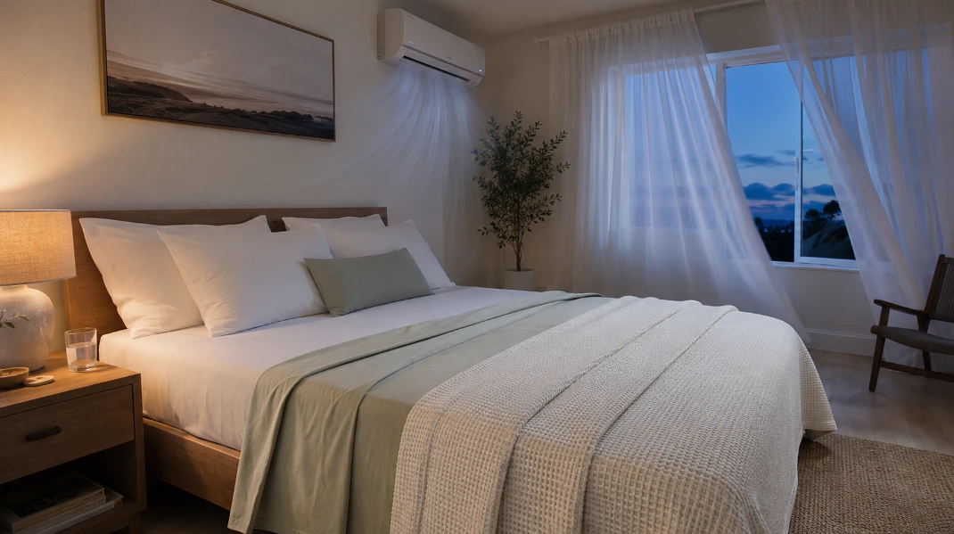 Summer bedroom render with a bed dressed in three distinct light layers folded in a cascade below a wall AC unit