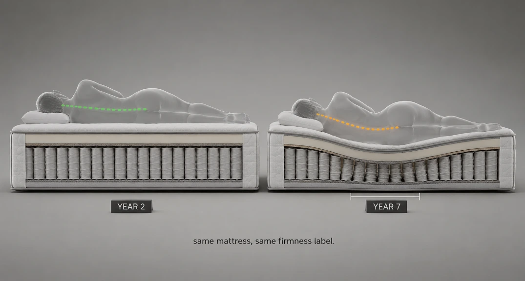 Support degrades no matter what you bought - a sag recreates the too-soft problem on a bed still labeled medium firm. Re-check every six to eight years, sooner with a bad back