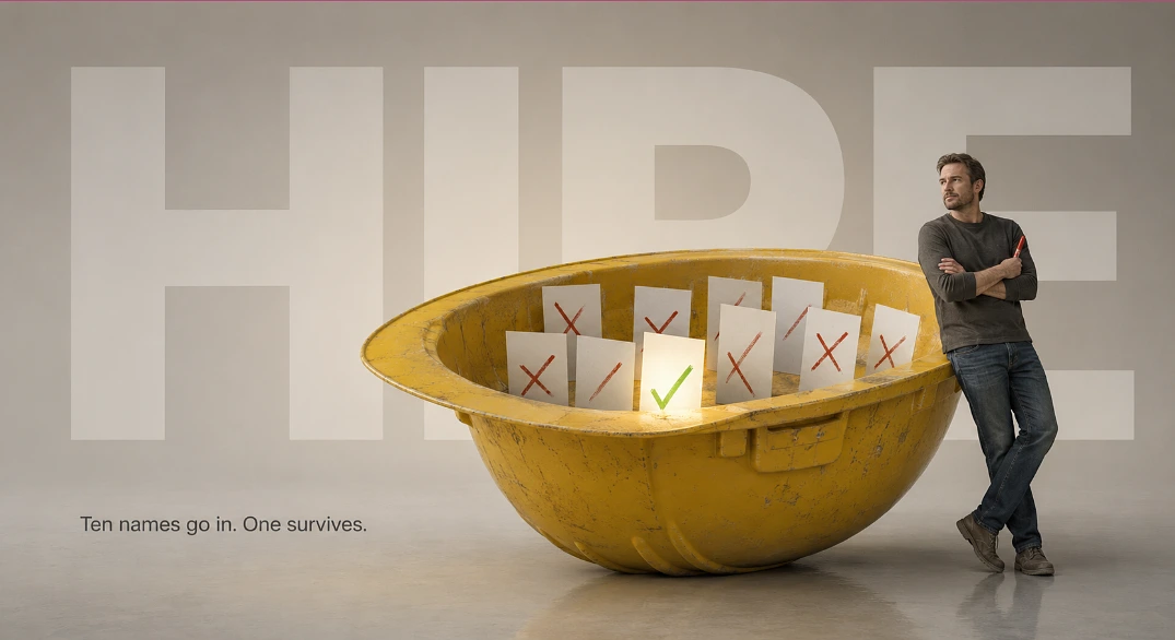 Surrealist poster of a homeowner beside a giant upturned hard hat holding ten cards, most crossed out in red