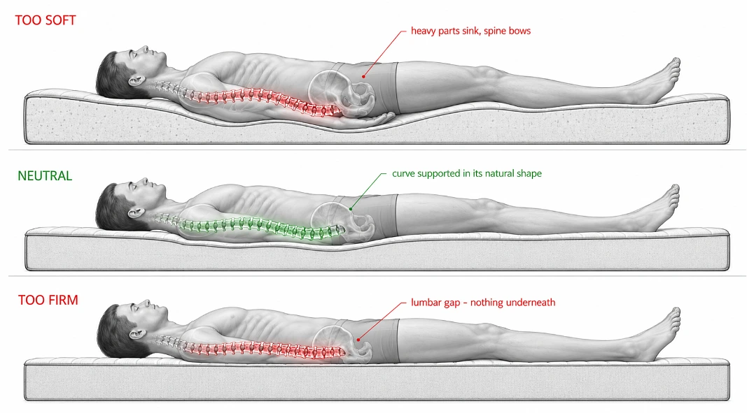 The mattress has one job: let the S-curve rest in its natural shape for eight hours. Too soft bows it, too firm abandons the lower back entirely