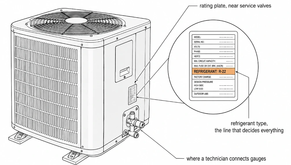 The rating plate sits near the service valves on the outdoor unit. If the refrigerant row says R-22, the replacement math has already started without you