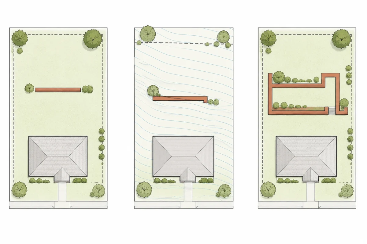 Three plan-view diagrams showing property layouts where a fence and retaining wall work as separate structures