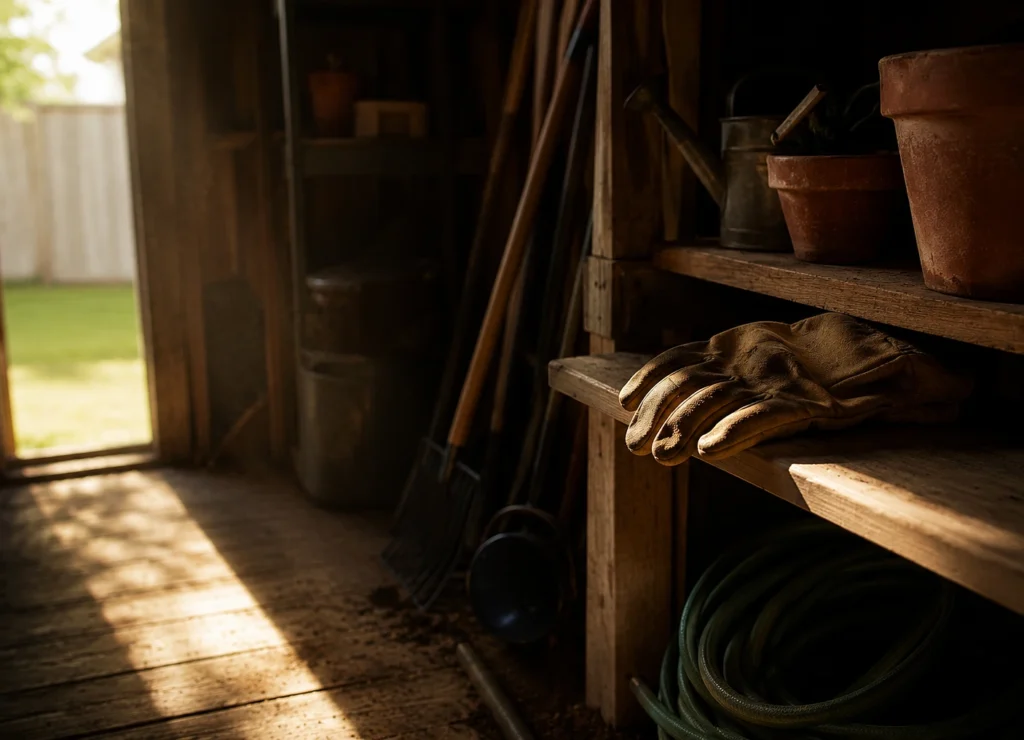Work gloves resting on a shelf inside a dim backyard shed lit by morning light