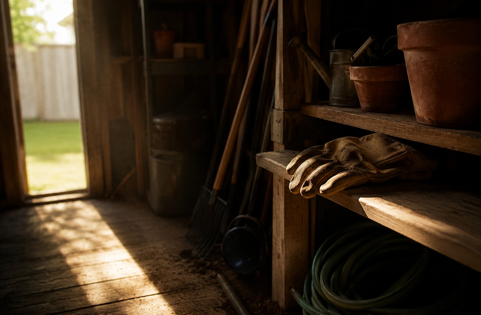 Work gloves resting on a shelf inside a dim backyard shed lit by morning light