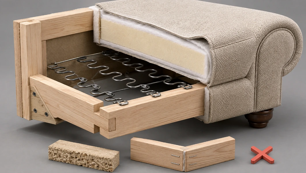 A cutaway sofa corner showing a hardwood mortise and tenon joint with a corner block and sinuous springs, beside a stapled particle board joint