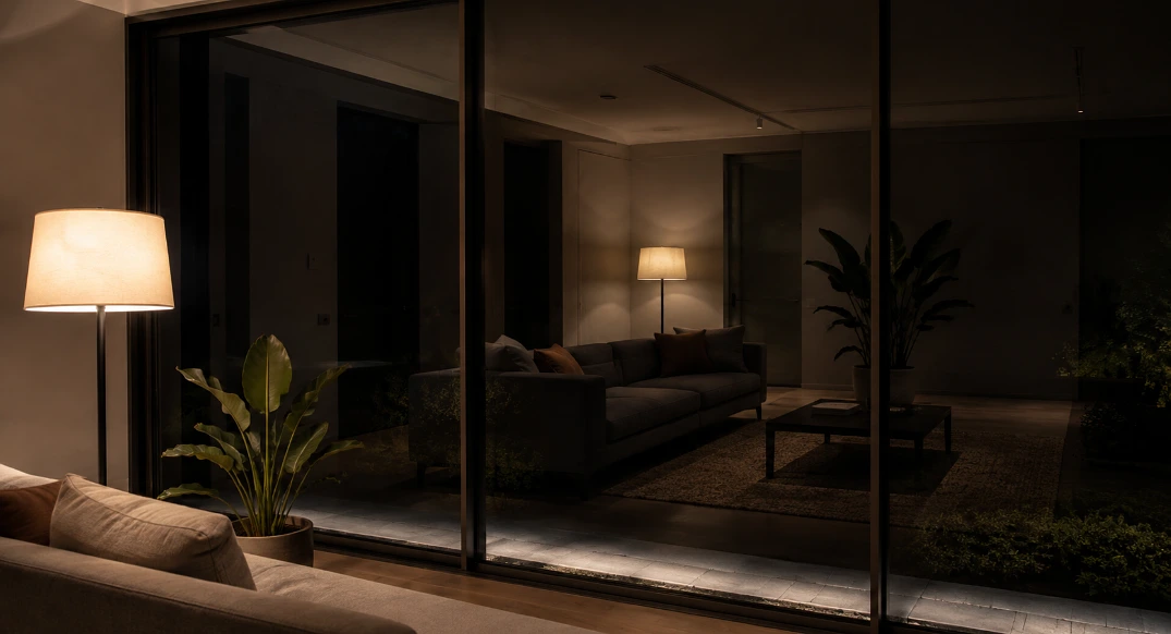 A glazed wall at night acting as a black mirror, returning the reflection of the lit room instead of the garden