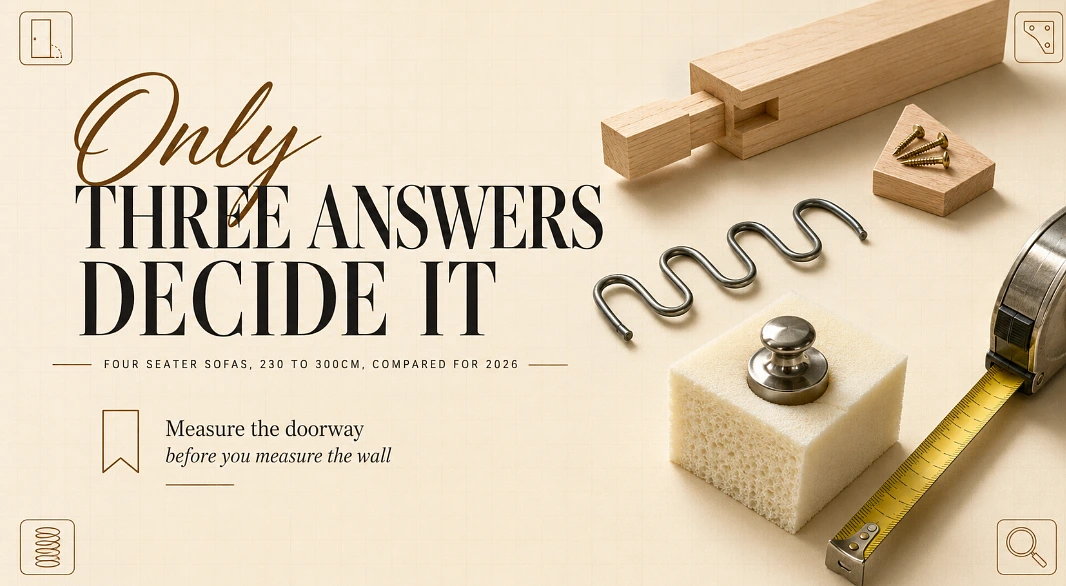 A hardwood mortise and tenon joint, a sinuous spring, a foam cube under a weight and a tape measure laid out beside a stacked title