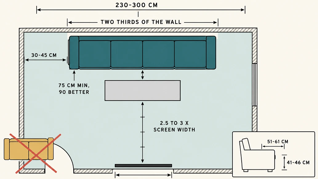 A living room plan marking sofa width, wall proportion, coffee table gap, walkway, screen distance, seat height and seat depth